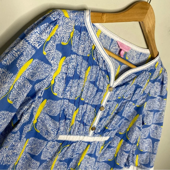 Lilly Pulitzer Blue Yellow Butterfly Print Egan Pintuck Tunic Blouse Top Small - Picture 3 of 10